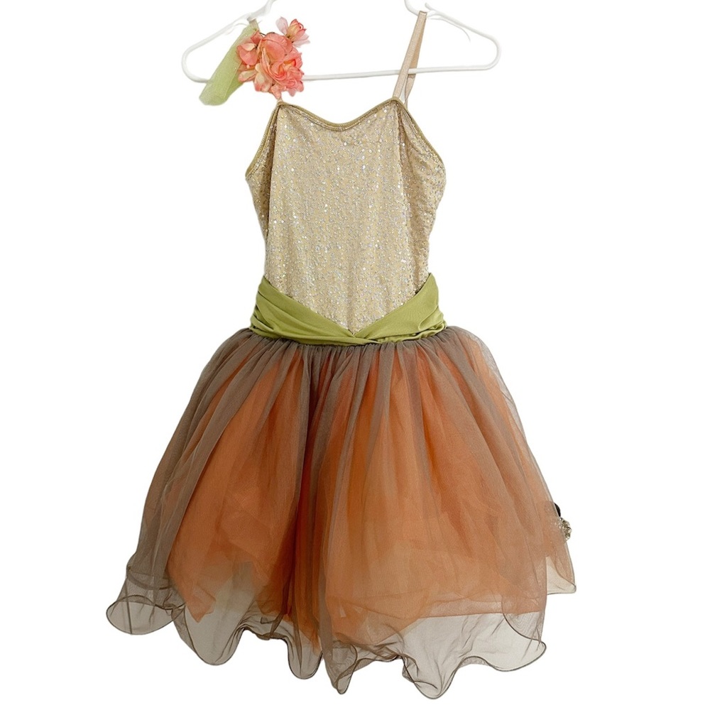 Pink, Green, Gold, Ballet/Lyrical Dance Costume, leotard with pink/grey tool.